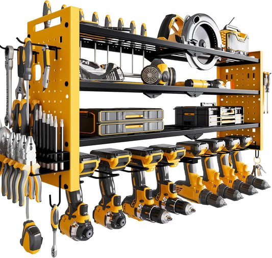 Power Tool Organizer Wall Mount,Cordless Drill Organizer,4 Layers Large Capacity Tool Rack with 8 Drill Holders(YELLOW)