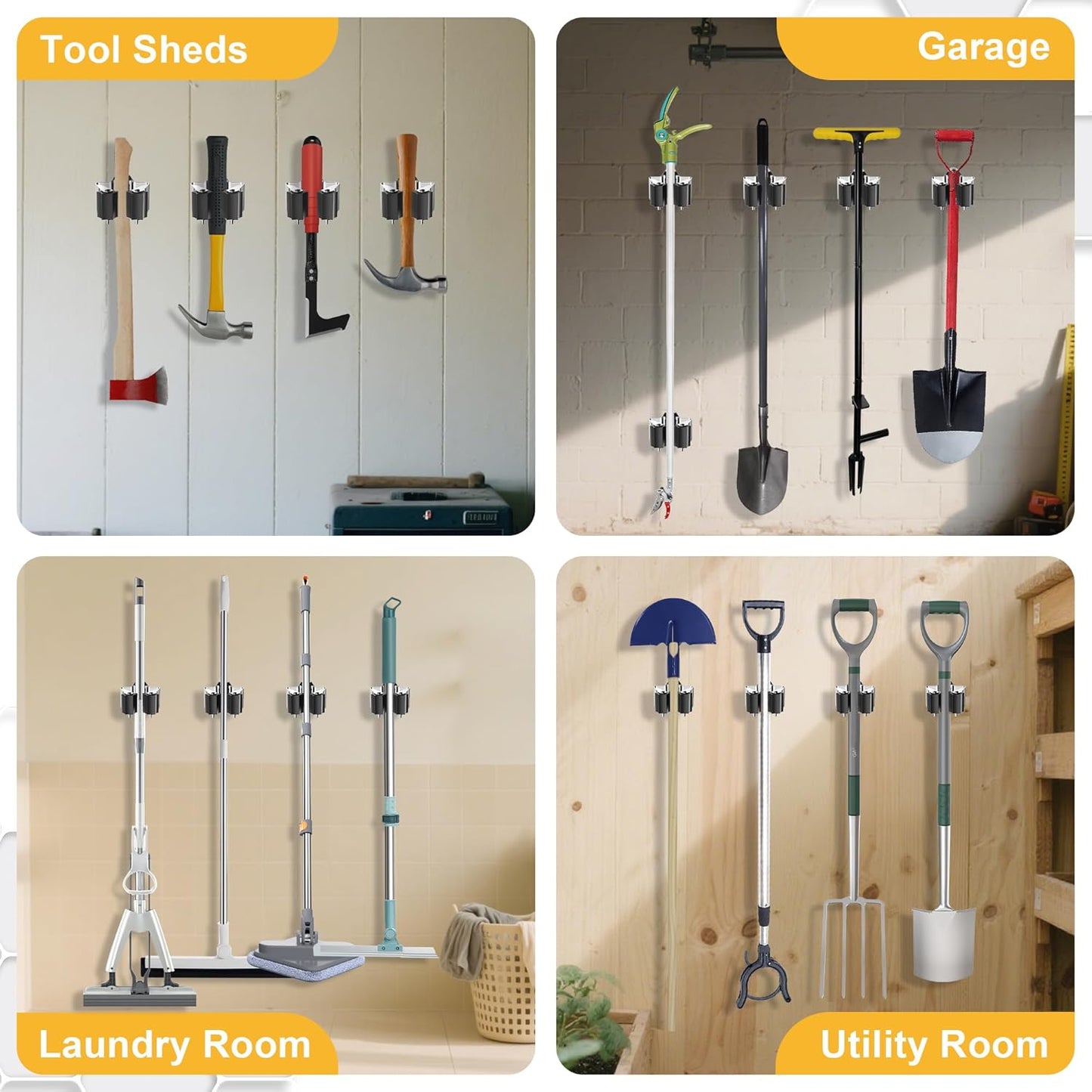 Broom Holder Wall Mount – 6 Pack Broom Rack with Star Shaped Rubber Rollers & Nickel Plated Brackets for Strong Grip and Long Life – Ideal for Garden Tools Organization