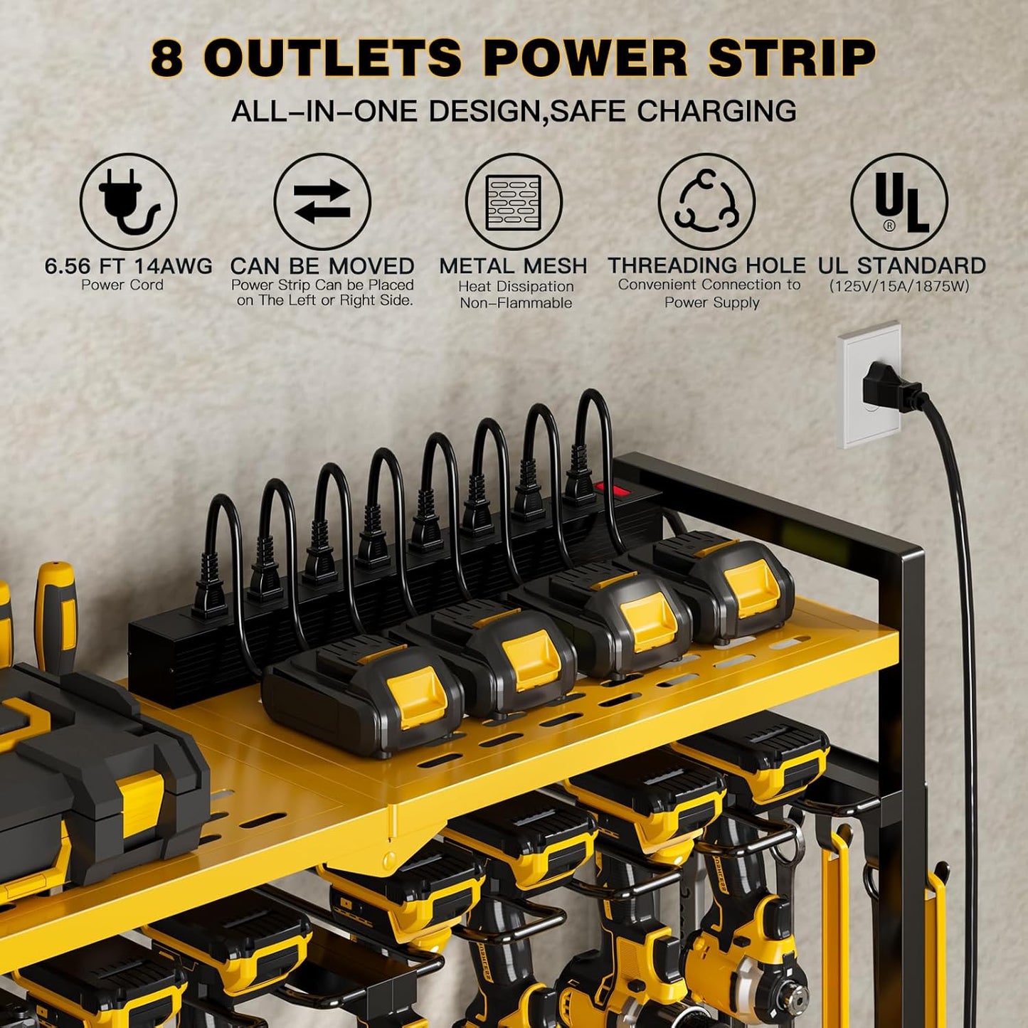 Large Power Tool Organizer Cart with Charging Station 8 Drill Holder Garage Storage Standing Heavy Duty and Stability Storage Rack Utility Tool Shelf (Yellow)