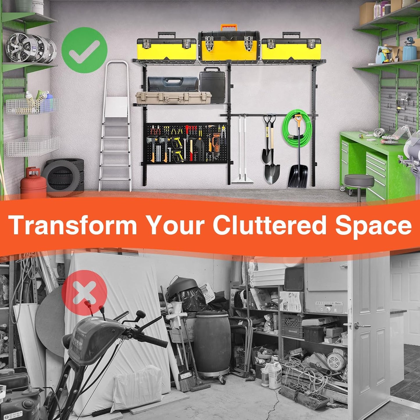 Garage Shelf Wall Mounted with Pegboard Heavy Duty Garage Wall Shelving with Garden Tool Rack and Hooks Garage Tool Organizer for Home Garden Yard Organization and Storage Holds 500lbs