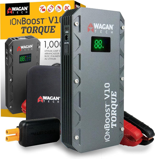 Wagan EL7507 Jump Starter iOnBoost V10 Torque 1000Amp Peak 12V Portable Lithium Car Battery Up to 7.8L V10 or 6.7L Diesel, 12V Jump Pack with Built-in LED Bright Light, UL Certified