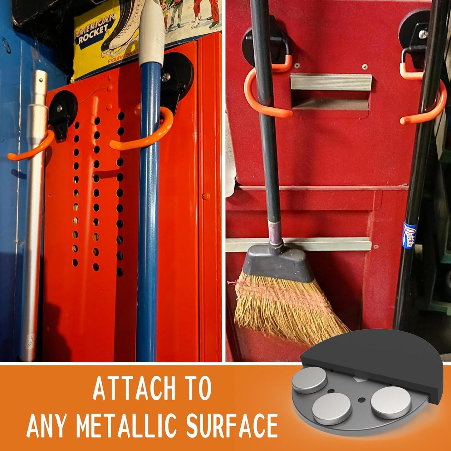 ULIBERMAGNET Magnetic Mop Broom Holder,Heavy Duty Movable Magnetic Tools Holder,Anti-Slip Strong Metal Hooks Mop Shovel Hanger for Garage, Kitchen, Laundry, Garden(2 Pack/Orange)