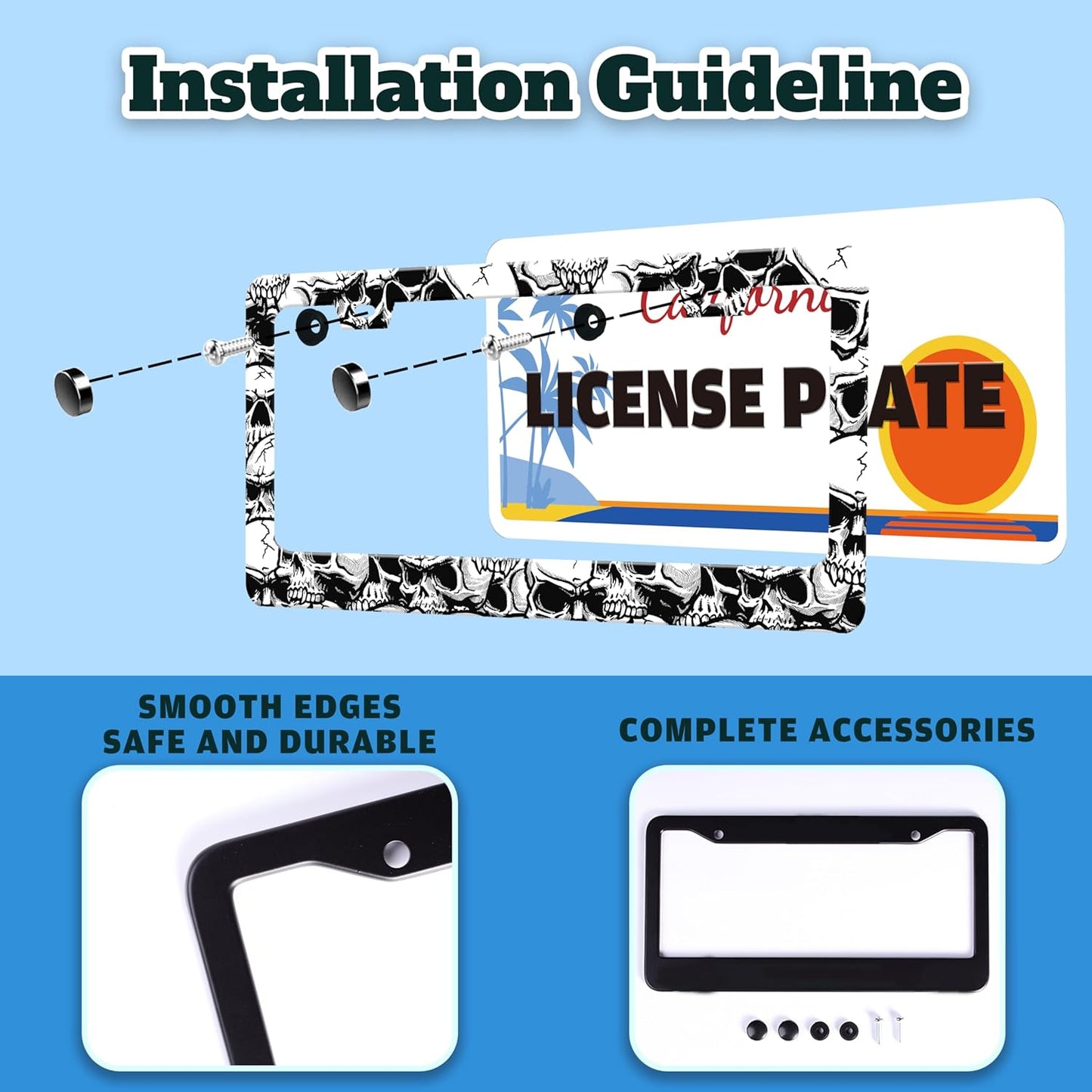 Skull License Plate Frame Black White Skeleton Stainless Steel License Plate Holder for Front or Rear Car Tags Funny for Car Decoration Accessories with Screws 6.3 X 12.2 in for Women Men