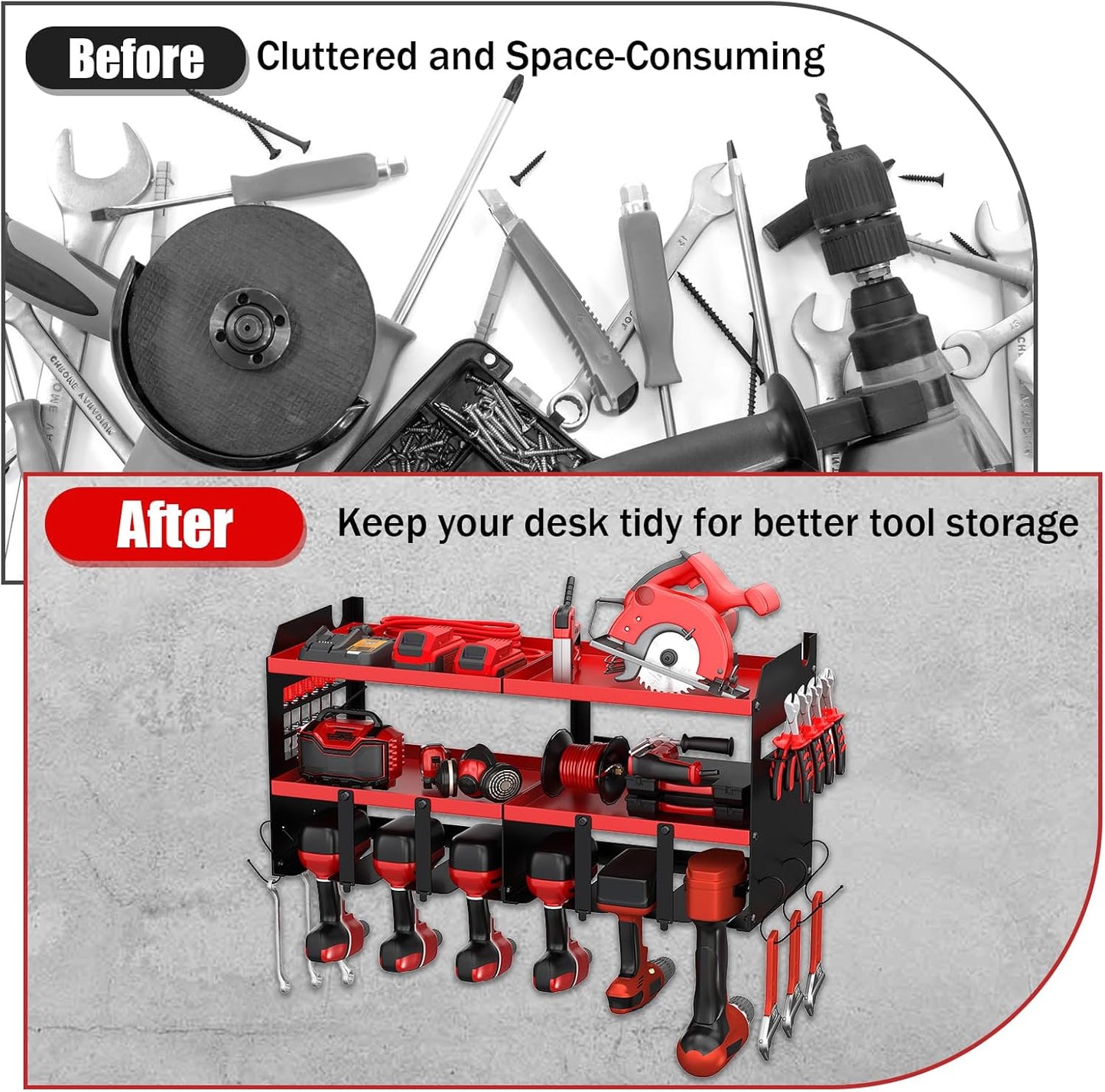Power Tool Organizer Wall Mount with 6 Drill Holders, Heavy Duty Metal Utility Racks with Large Top Shelf & Side Hooks, Efficient and Organized Storage for Garage, Workshop, Shed, Pegboard