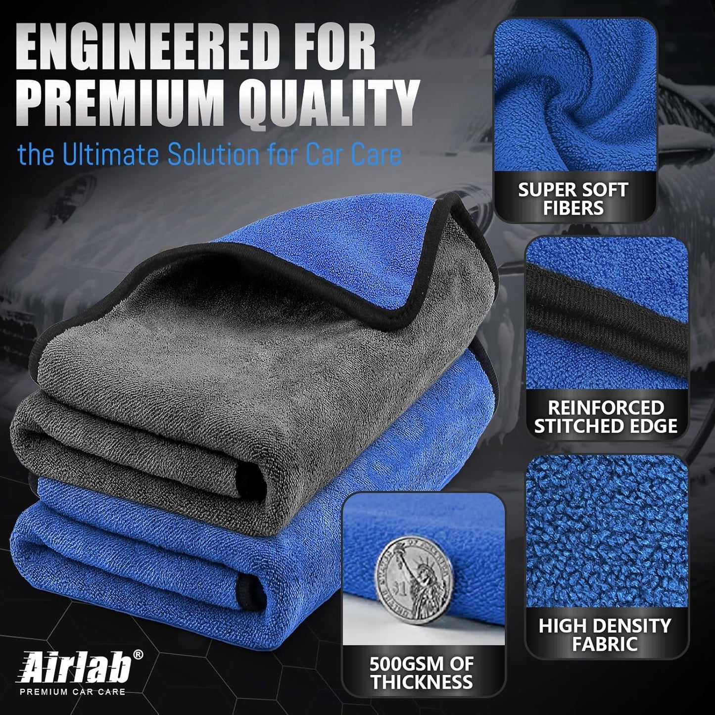 Airlab Microfiber Towels for Cars Wash Drying Thick Plush Cleaning Cloth Auto Detailing Super Absorbent for Interior & Exterior Lint Free, Streak Free, 35 x 24 Inch, 500 GSM, Pack of 2