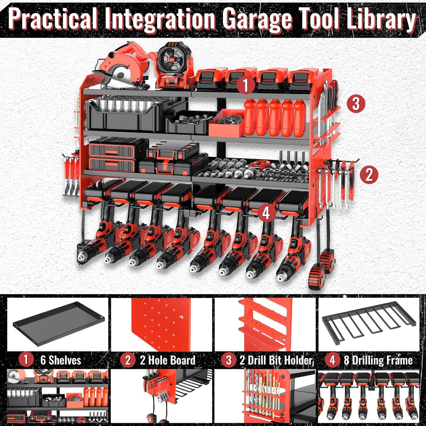 Metal Power Tool Organizer Rack Wall Mount, Garage Tool Drill Storage Shelves with Screwdriver Plier Holder (Red, 8 Drills Holder)