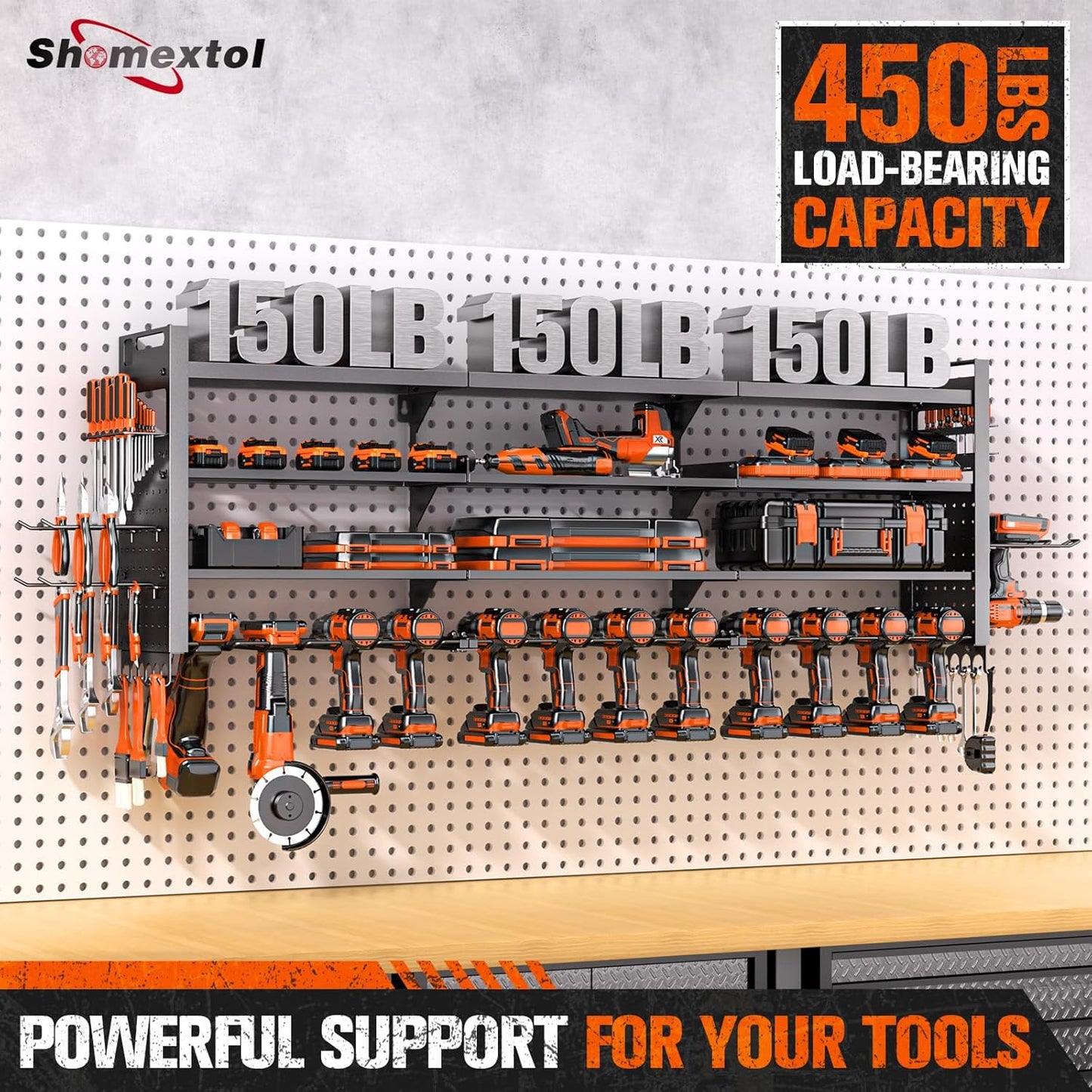 49.8" W Large Power Tool Organizer Wall Mount, Heavy Duty Tool Organizer with 14 cordless Drill Holder, 4 Layers Garage Organization and Storage Rack, Tool Rack for Garage Workshop, Black