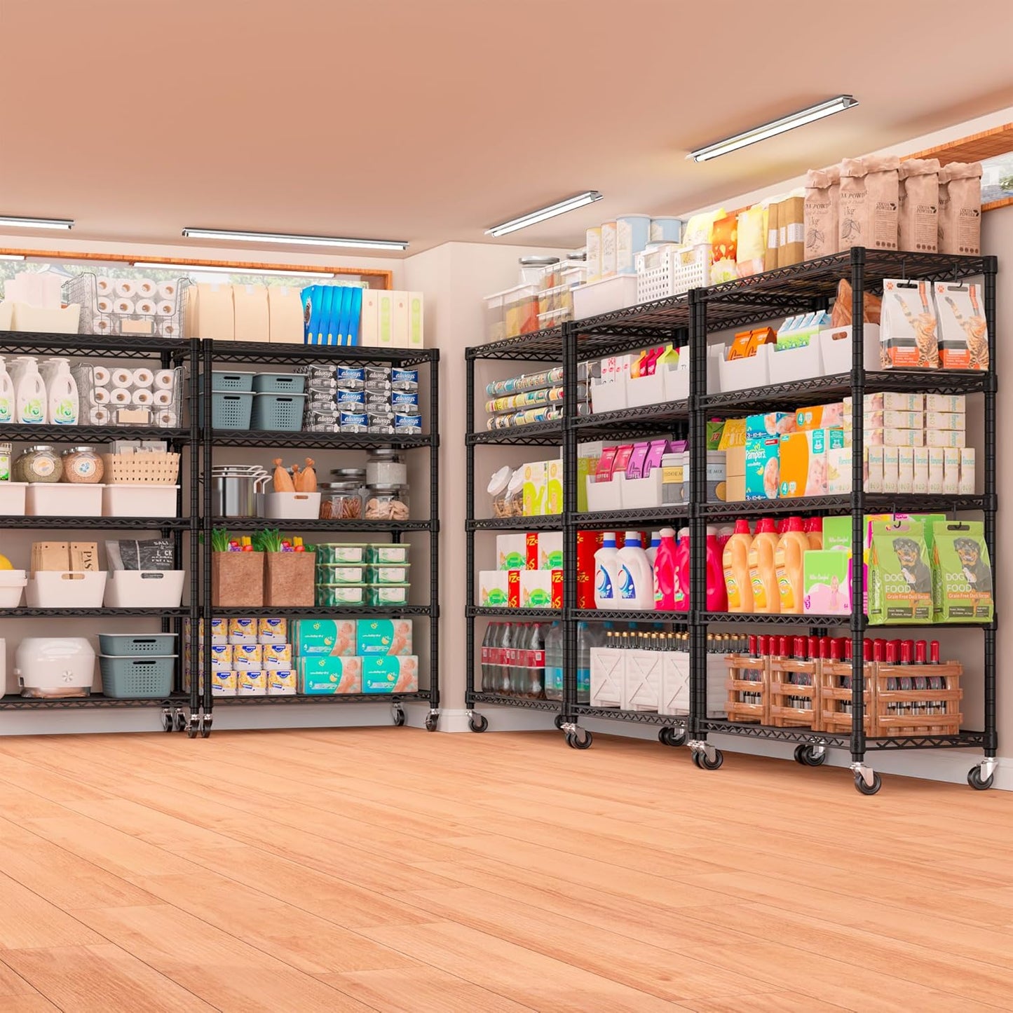 PrimeZone 2 Packs 36" W x 16" D x 79" H Wire Storage Shelves with Wheels, 5 Tier NSF Certified Heavy Duty Adjustable Kitchen Shelving Unit, Pantry Organizer Rack Rolling Metal Shelf for Garage Closet