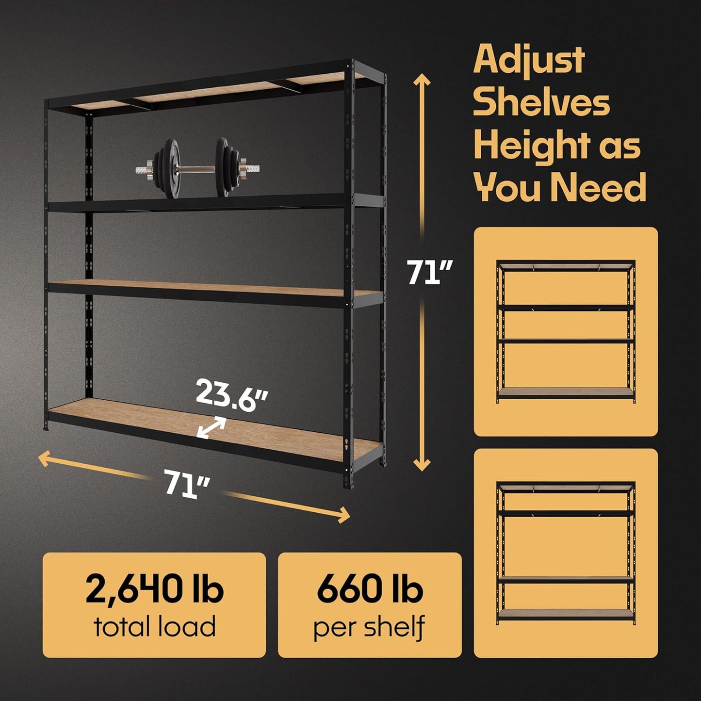 Storage Shelves: 4 Storage Shelves Heavy Duty w/ 2,640 lb Total Load Capacity, 660 per Storage Shelf, 71x71x24 | Adjustable Shelving Unit, Robust Garage Shelving, Extra Long Steel Profiles