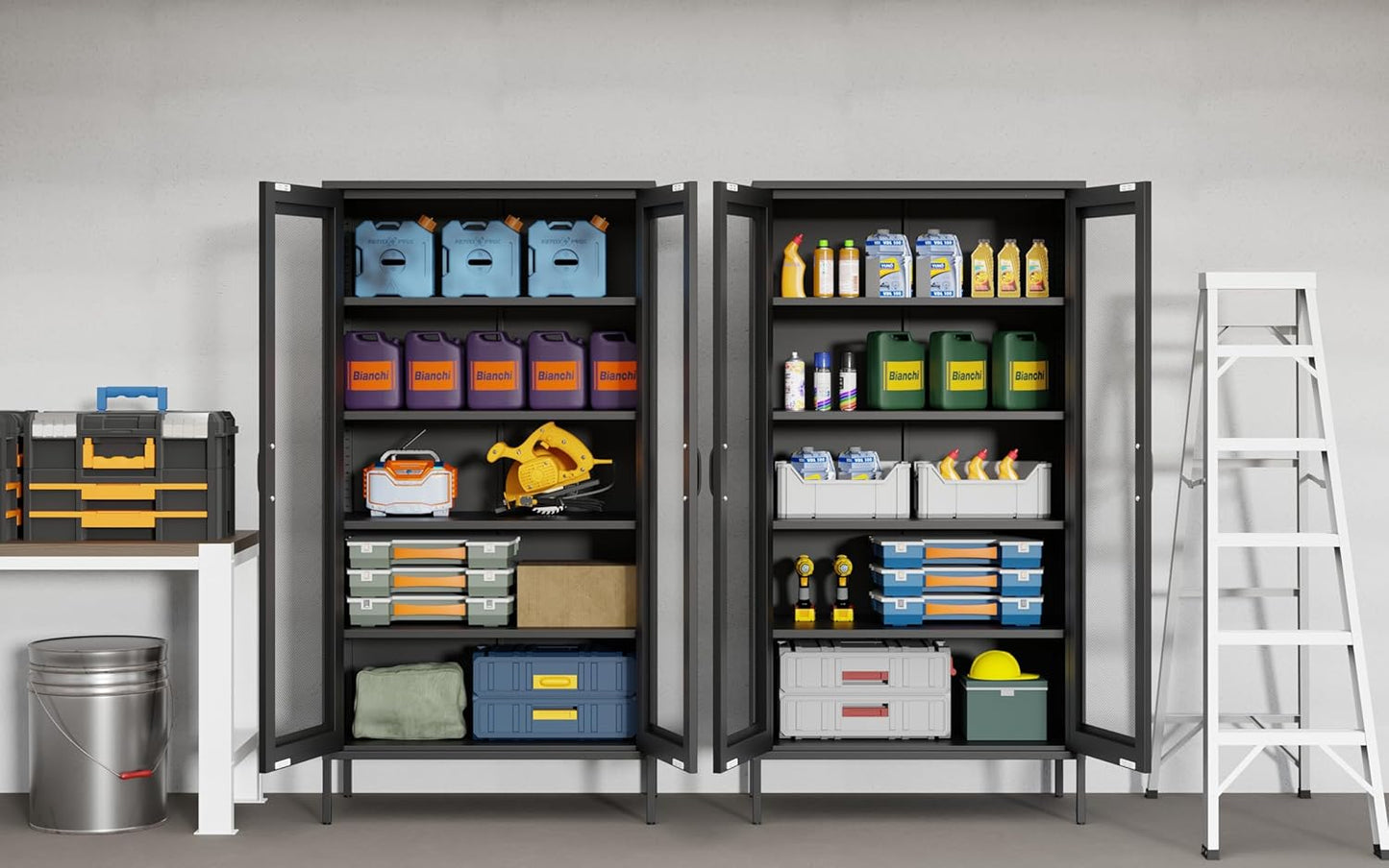 73 '' Metal Garage Storage Cabinet, 2 Doors and 4 Adjustable Shelves, mesh Door Design, can be Used to Store Tools, consumables, Books, etc., for Office, Home, Garage, Gym, School (Black)