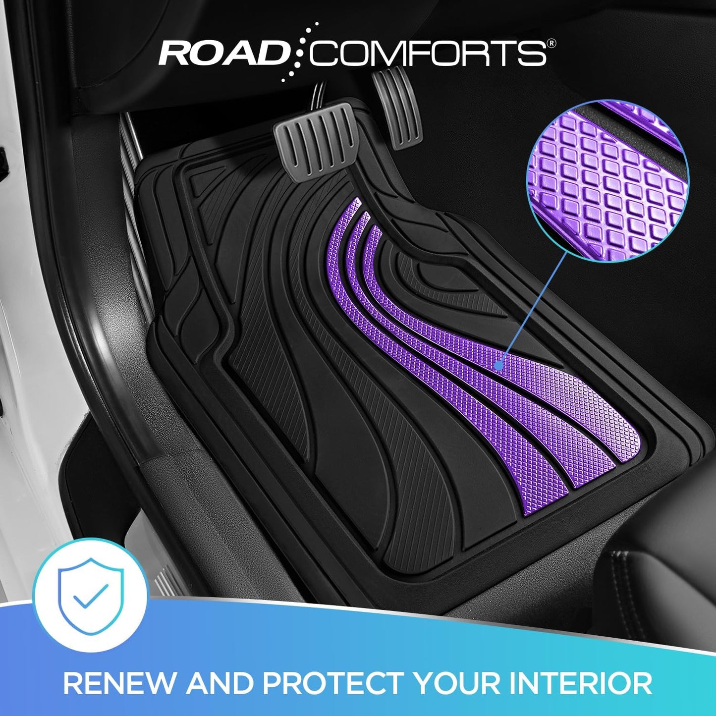Road Comforts Car Floor Mats Full Set – Front & Rear Car Floor Mats with Aluminum Design, Anti-Slip Backing, All-Weather Protection, Trim-to-Fit Car Mats for Most Sedans, SUVs & Vans - Lighet Purple