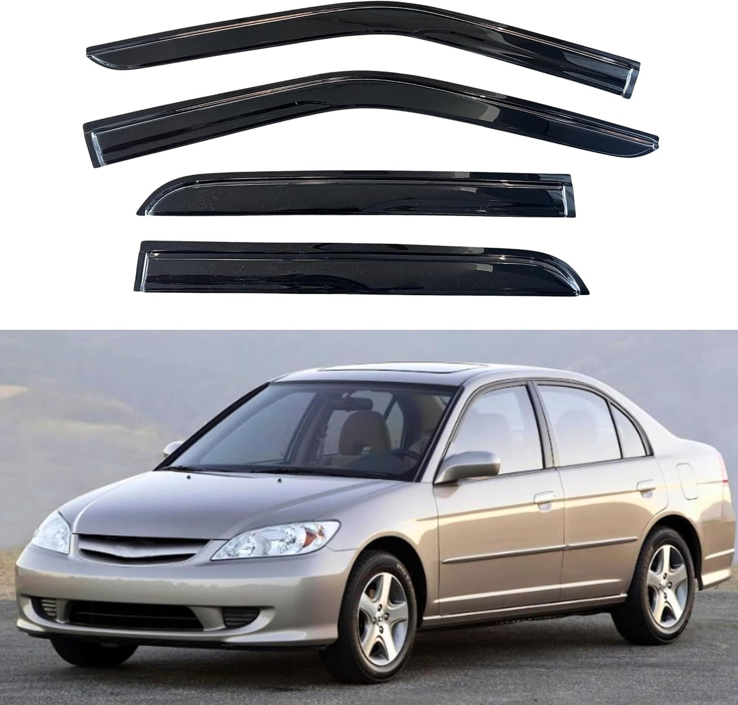 KPY Window Visor Compatible with Honda Civic Sedan 2001-2005, 4PC Rain Guard Side Window Vent Deflectors Tape-On Mugen Style, 2001 2002 2003 2004 2005