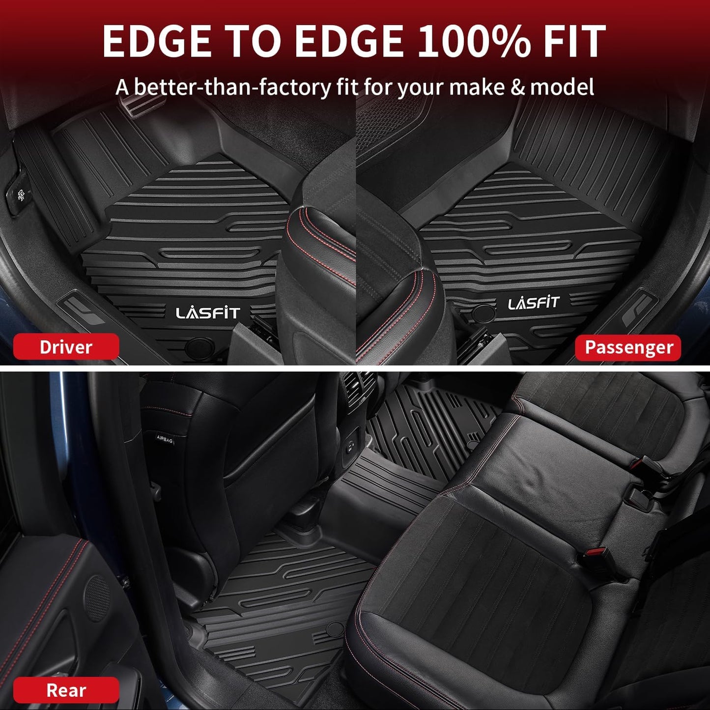 LASFIT Floor Mats for Ford Bronco Sport 2025 2024 2023 2022 2021 Carpeted Floor All Weather Protector Custom Fit TPE Car Liners, 1st & 2nd Row 3pcs Black