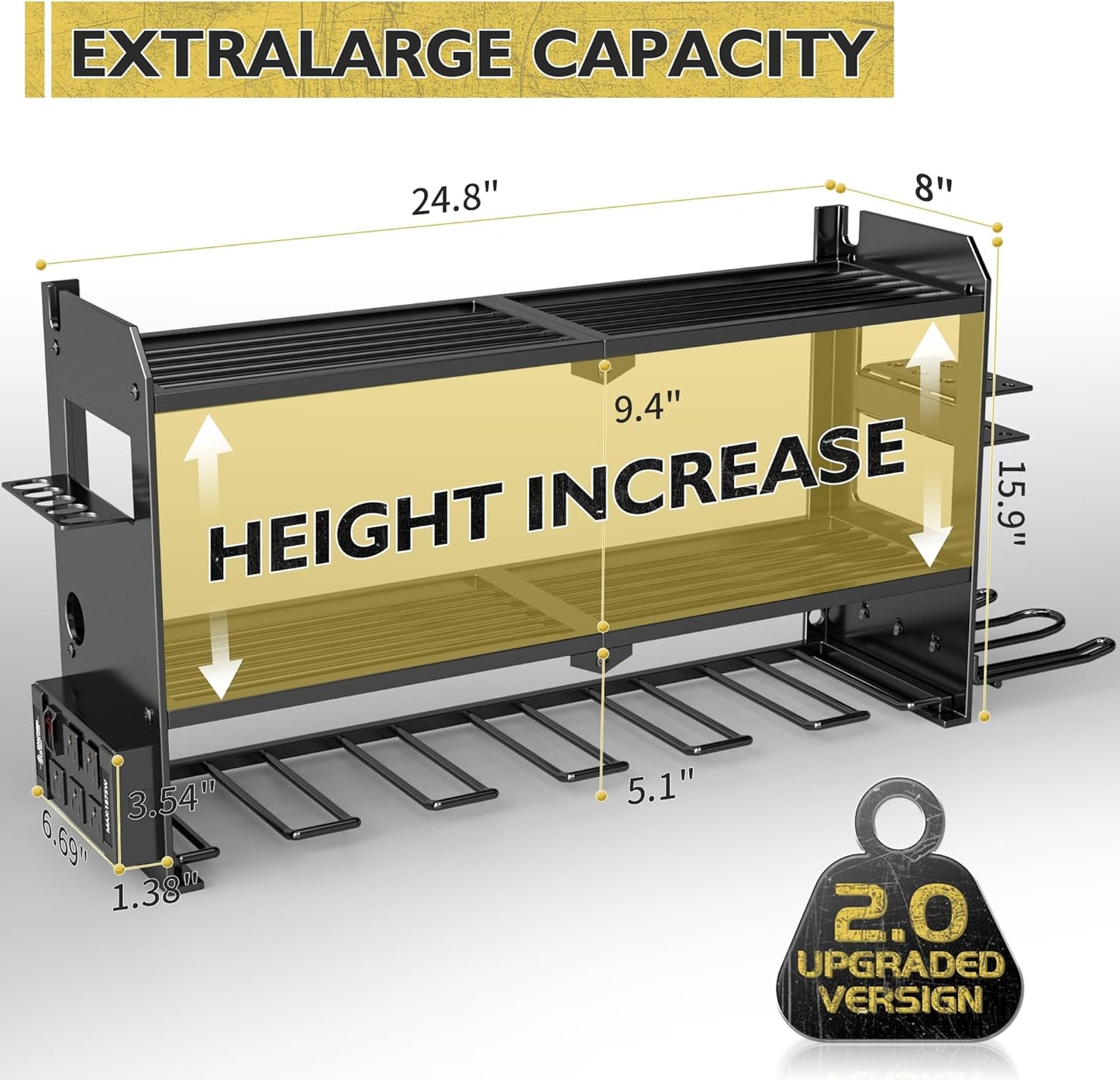 Power Tool Organizer Wall Mount with Charging Station, Cordless Drill and Battery Holder Shelf for Garage Organization,Heavy Duty Metal Tool Rack Storage, Load 300lbs, Built in 5 Outlet Power Strip