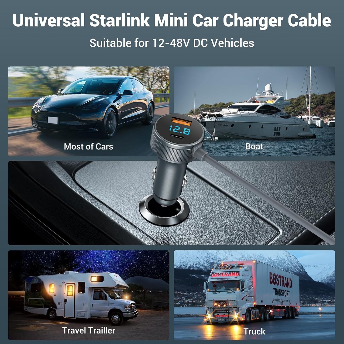 Starlink Mini Cable,3-in-1 Starlink Mini Car Adapter with Digital Display, Starlink Mini Power Cable12V-48V，Cigarette Lighter Adapter with USB C PD 40W& USB A 35W Ports for Trucks and Cars(10FT)