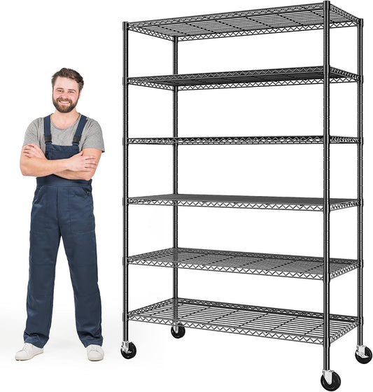 82" H X45 W X18 D Storage Shelves with Wheels, 6 Tier Wire Shelving Adjustable Metal Shelving Pantry Shelves Capacity 1200LBS for Garage Shelving, Pantry, Kitchen, Closet, Black