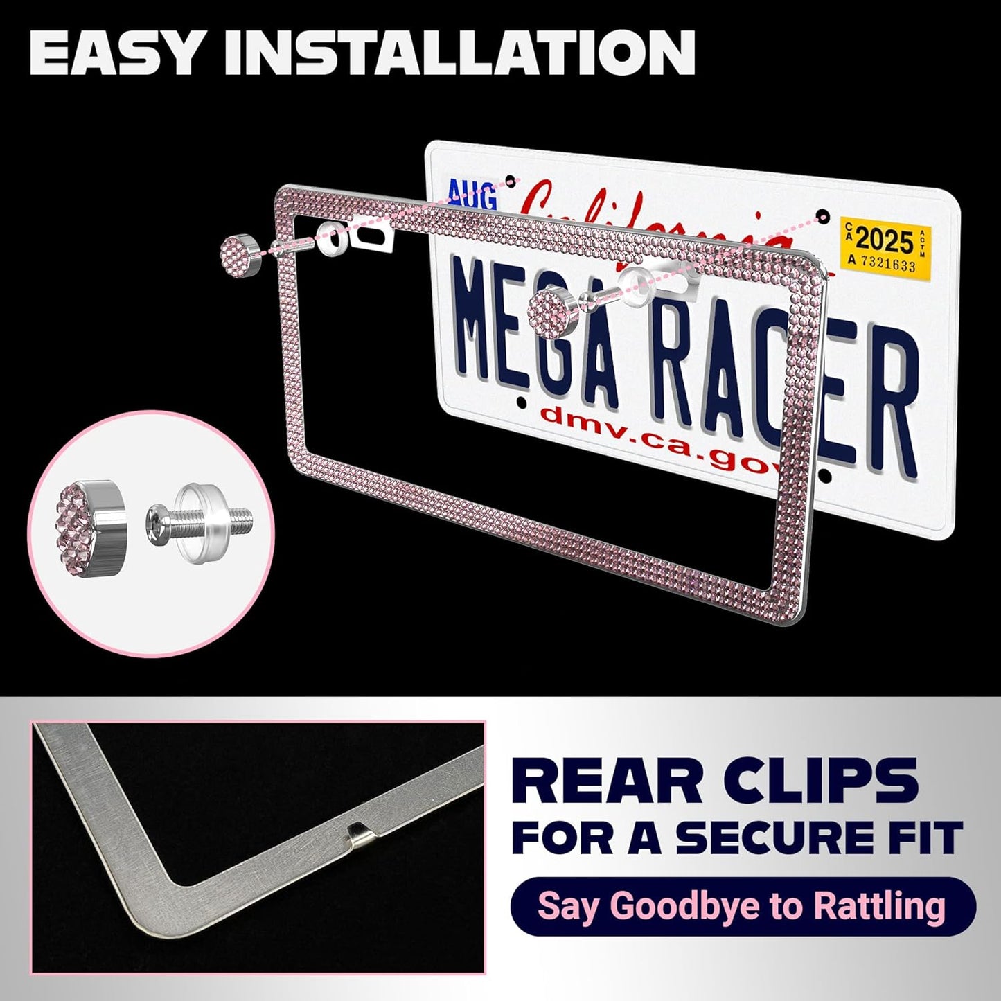 Glamorous Bling License Plate Frame for Women - 1 Pack, 800 Premium Pink Rhinestones, Rust-Free Stainless Steel, Street Legal Slim Design, Sparkly Diamond Car Tag Holder with Glitter Crystal Covers