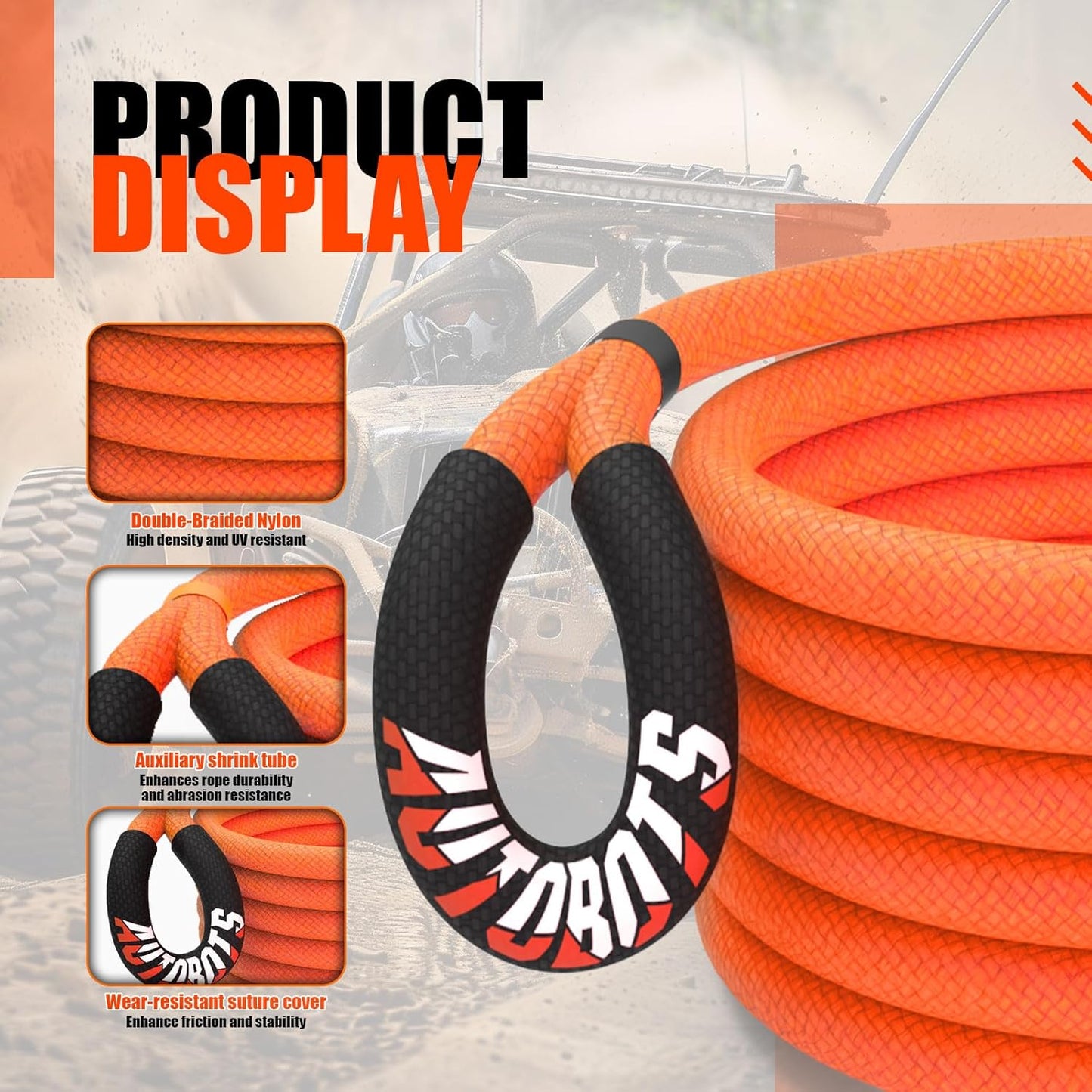 AUTOBOTS Kinetic Recovery Rope 1" x 30'(48,600lbs)，Heavy Duty Tow Rope Tow Strap for Truck ATV UTV SUV Car，Offroad Recovery Kit