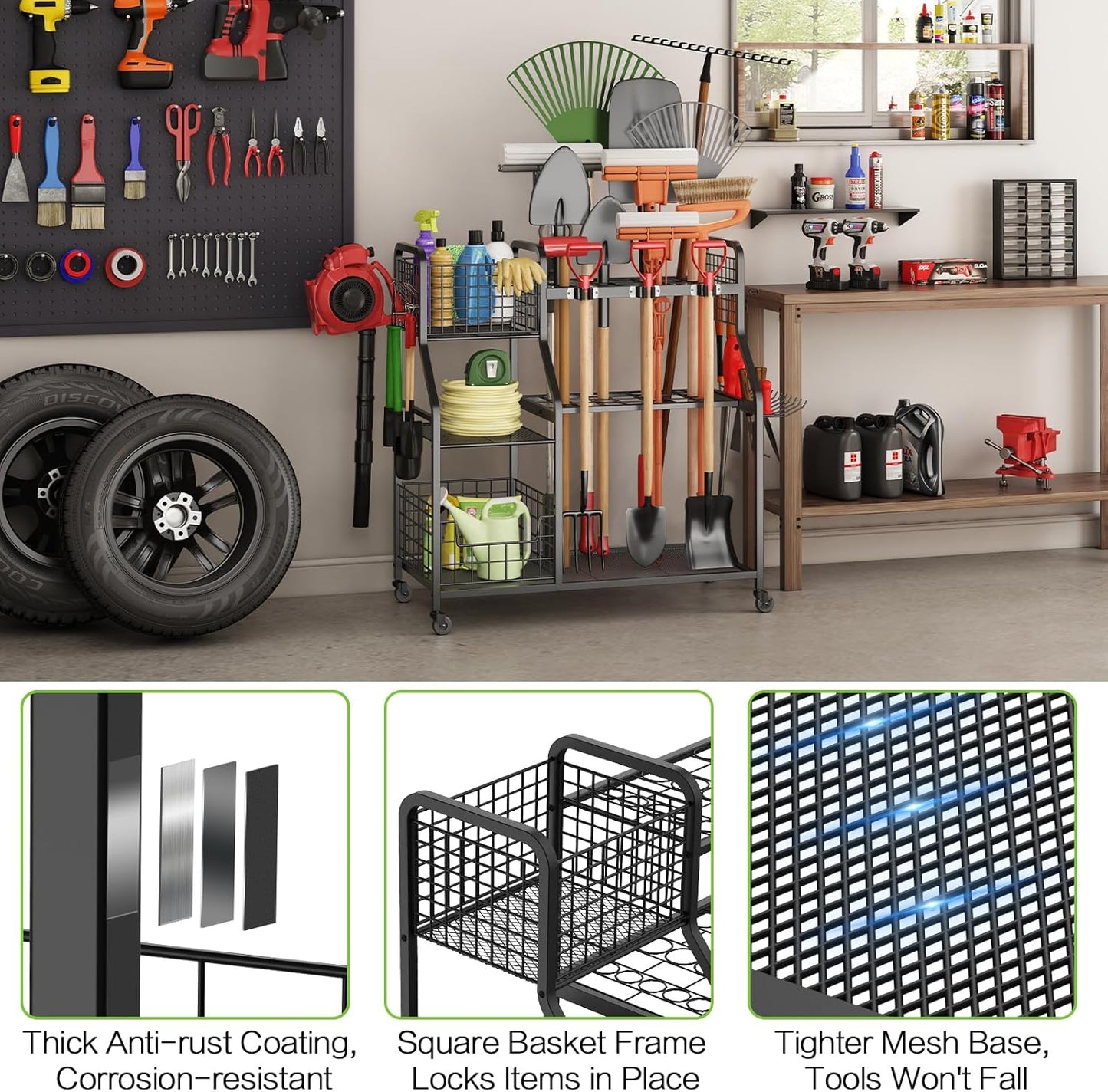 Garden Tool Organizer for Garage, 3 Tier Utility Yard Tool Organizer and Storage Holder with Wheels, Large Garden Tool Rack with Extra Storage Basket for Shed/Garage/Yard/Basement/Lawn