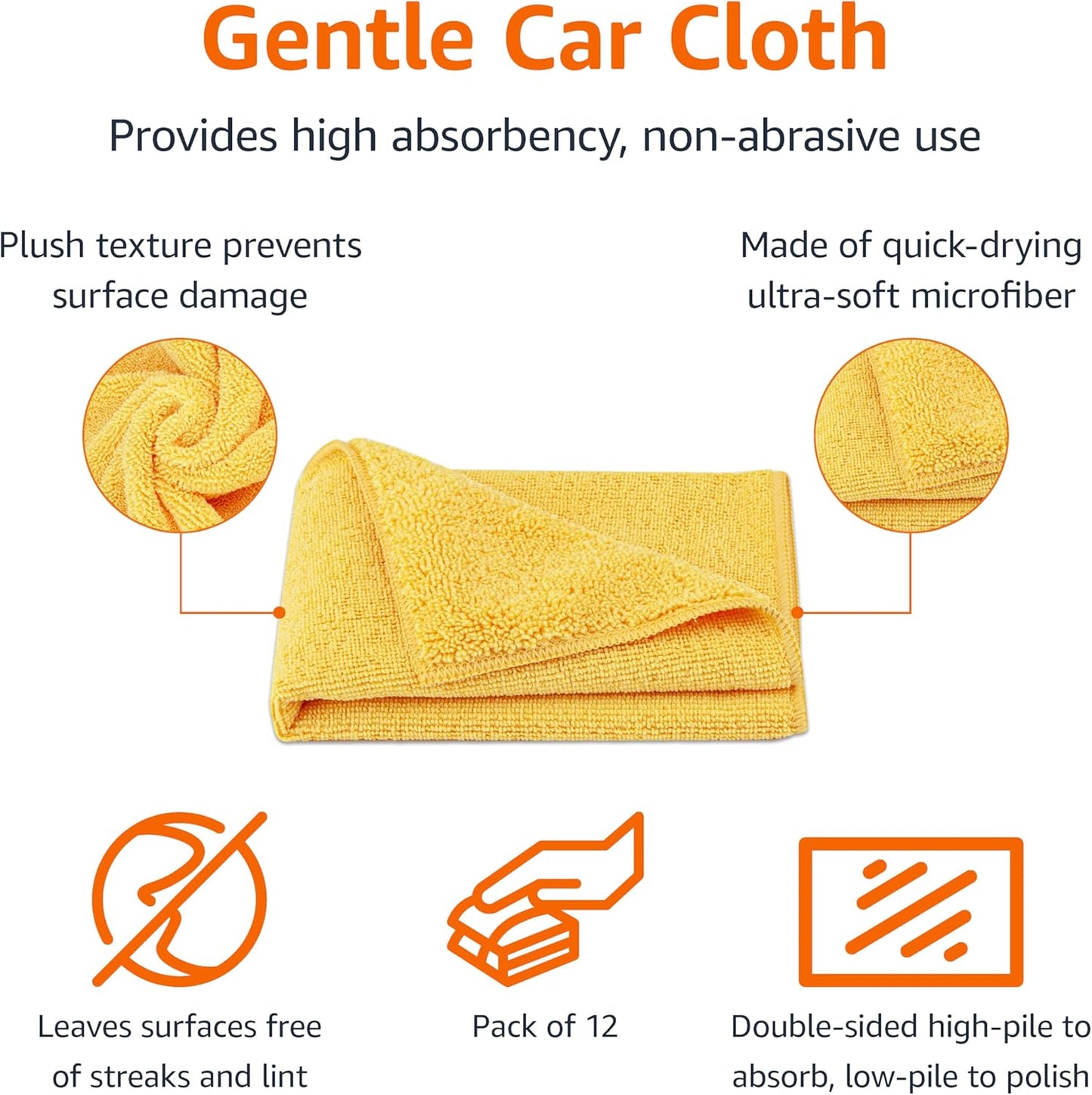Amazon Basics Microfiber Car Drying Towels (12-Pack), Lint Free, Scratch Free, Highly Absorbent Drying Towel for Cars, 16" x 16", Yellow
