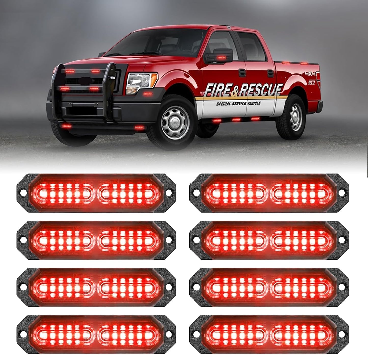 HLauto 1200T Emergency Strobe Grille Lights: 8pcs 12 LED Sync Feature Safety Warning Flashing Lights, Ultra Slim Surface Mount Hazard Caution Lights for Trucks, Vehicles, Car, ATV, UTV (Red)