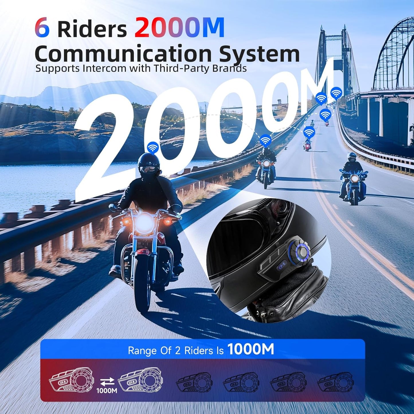 Moman Motorcycle Intercom Headset, CP-E 6 Riders 2000M Group Helmet Communication System, Universal Pairing with Music Sharing FM Radio Noise Cancellation Waterproof, 1 Pack, Helmet-Intercom-Headset