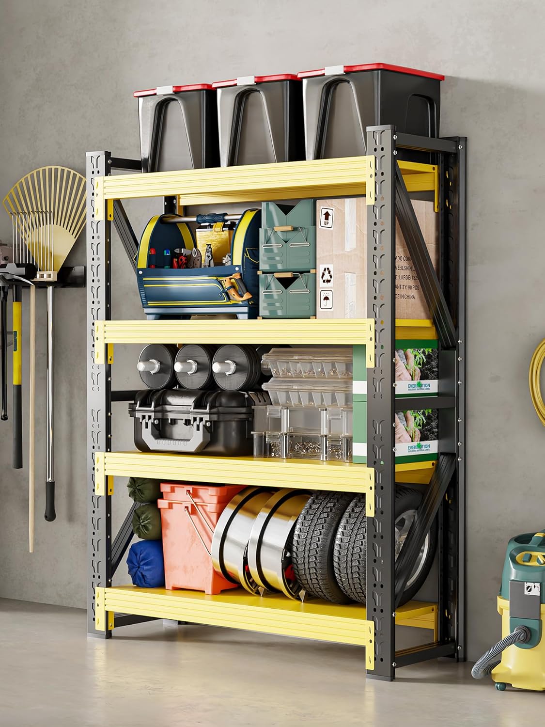 4-Tier Storage Shelves,79" H Heavy-Duty Garage Shelving Unit,Adjustable Industrial Metal Shelf System,5,000lbs Capacity,Tool Organizer for Garage,Workshop,60" W*24" D*79" H,Black&Yellow