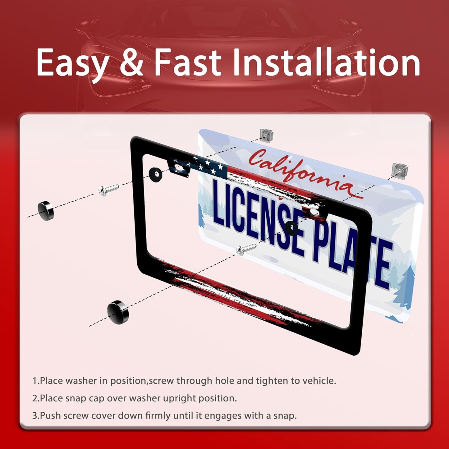 Personalized License Plate Frame American Flag Stainless Steel Accessory Patriotic License Plate Holder Funny Car Decorative 2 Holes Screws Fits Us Standard License Plates 12.2 X 6.3 in for Men Women