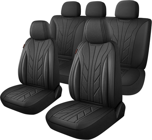 CAROMOP Luxury Faux Leather&Fabric Car Seat Covers Full Set with Breathable 3D Foam Back Support,Universal Comfortable Seat Covers for Cars,Trucks,SUVs, Front Armrests Compatible(5-Seat Black)