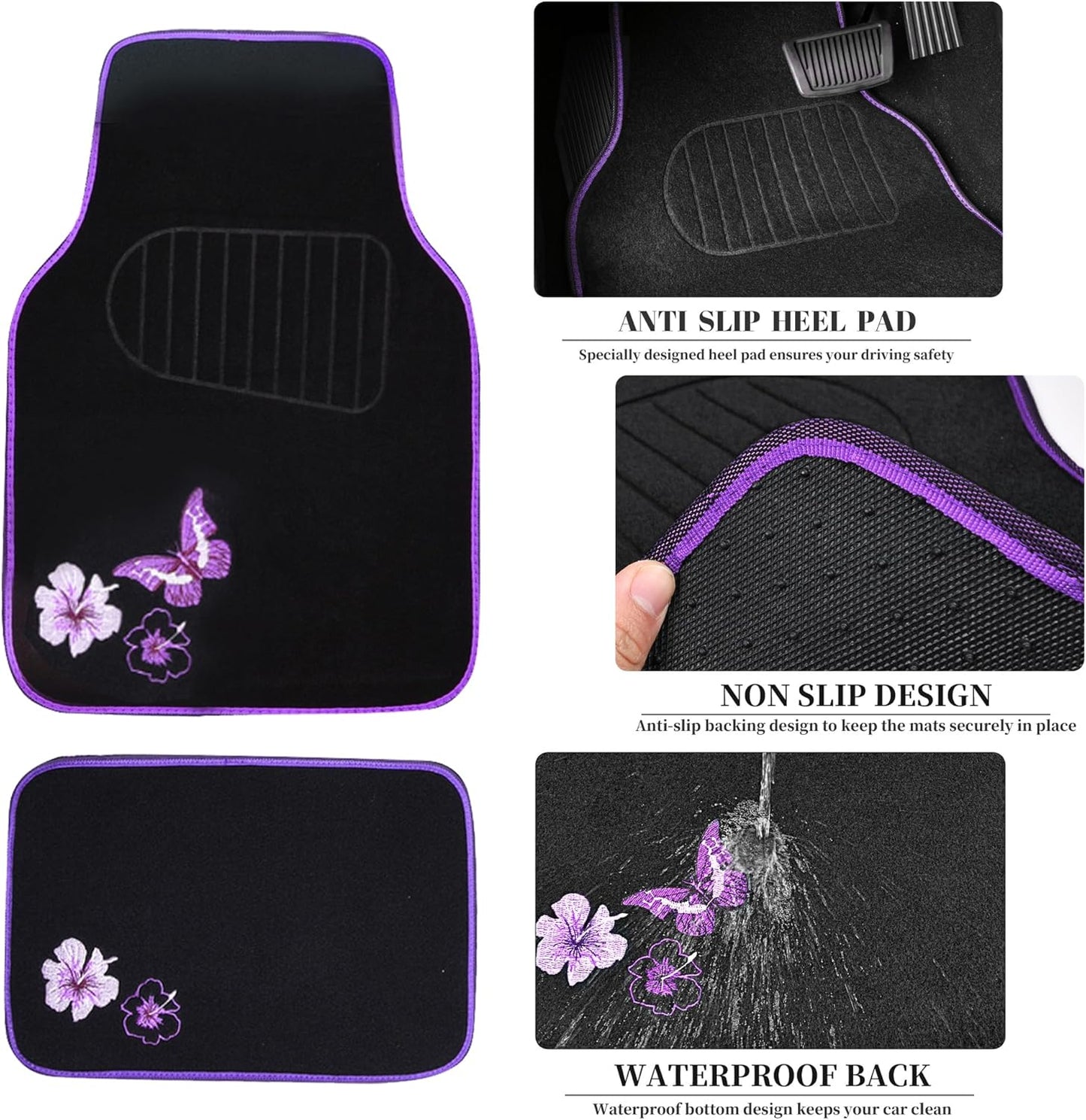 CAR PASS Butterfly Steering Wheel Cover and Waterproof Car Floor Mats,Purple Car Mats 14.5-15inch Steering Wheel Covers Universal Fit for Suvs,Sedans Cars,for Women Girl(Black and Purple)