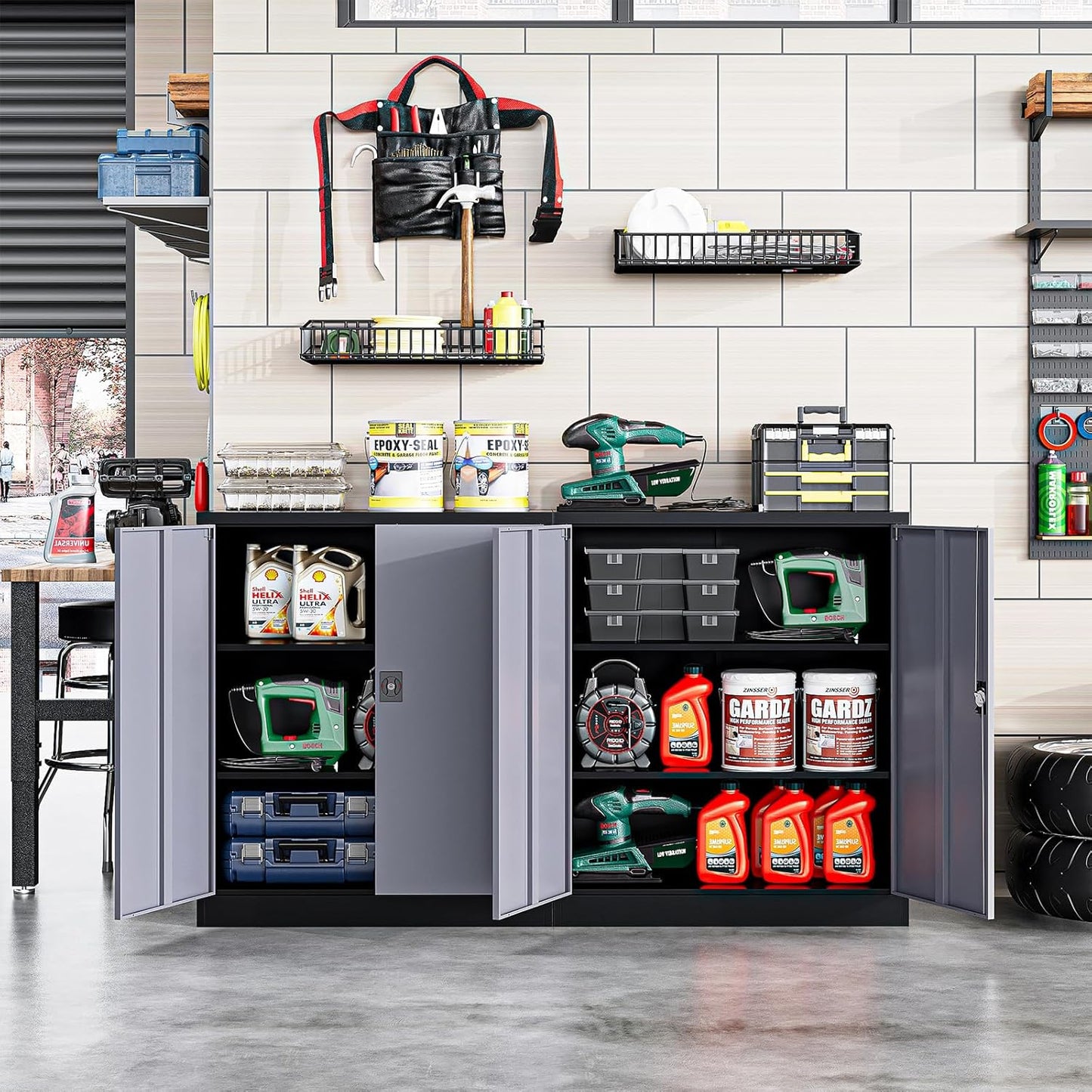 Metal Storage Cabinet, Lockable Storage Cabinet with 2 Doors and Shelves, Metal Cabinet with Lock, Small Lockable Metal Cabinet for Home Office(Black Grey)