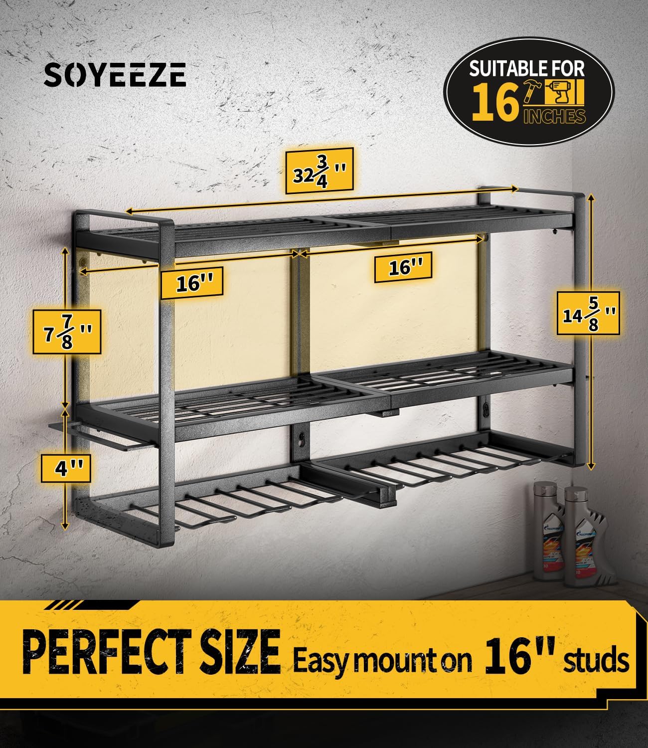 SOYEEZE Power Tool Organizer & Storage Wall Mount - Heavy Duty Metal 8 Drill Holder, 3 Layer Premium Garage Utility Power Tool Rack &Tool Shelf，Great as Gifts for Men Father's Day-Large-Black