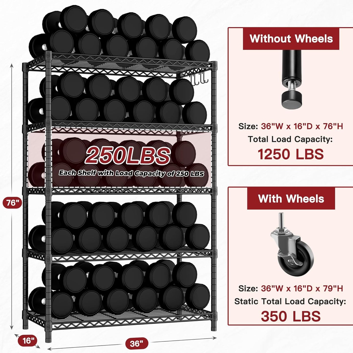 PrimeZone 2 Packs 36" W x 16" D x 79" H Wire Storage Shelves with Wheels, 5 Tier NSF Certified Heavy Duty Adjustable Kitchen Shelving Unit, Pantry Organizer Rack Rolling Metal Shelf for Garage Closet