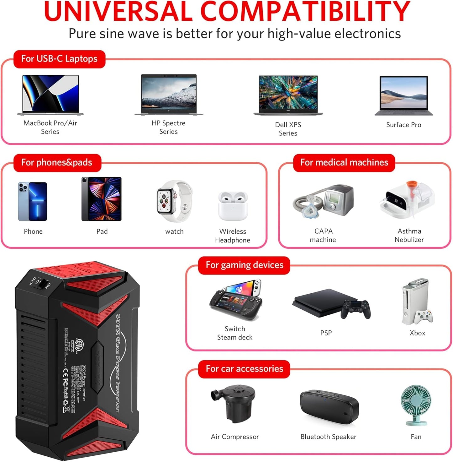 BESTEK 300Watt Pure Sine Wave Power Inverter [30W PD USB-C] Car Adapter DC 12V to AC 110V with QC3.0 USB Ports, Multi-Protection Car Charger Power Inverter for Vehicles