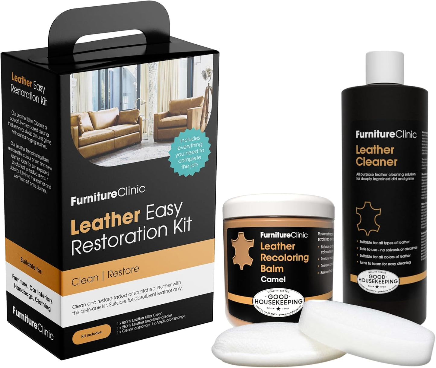 Furniture Clinic Leather Easy Restoration Kit | with Leather Recoloring Balm, Cleaner, Sponge, and Cloth | Leather Repair Kit for Scratched and Faded Furniture (Camel)