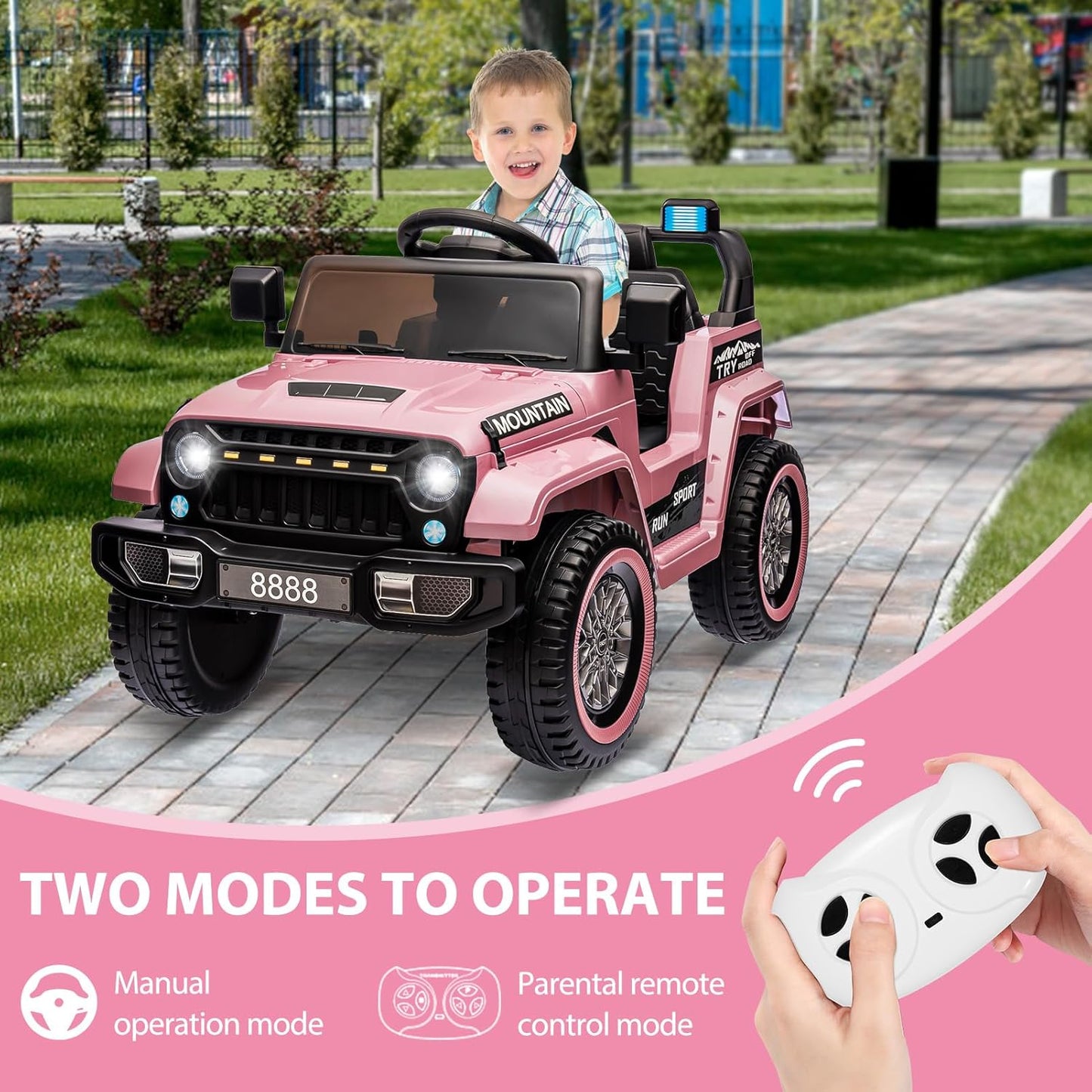 12V Kids Ride On Truck Car, Battery Powered Electric Vehicles with Remote Control, Spring Suspensions, 3 Speeds, LED Lights, Music, MP3, Ride On Toy Car for Children Toddles Boys Girls, Light Pink