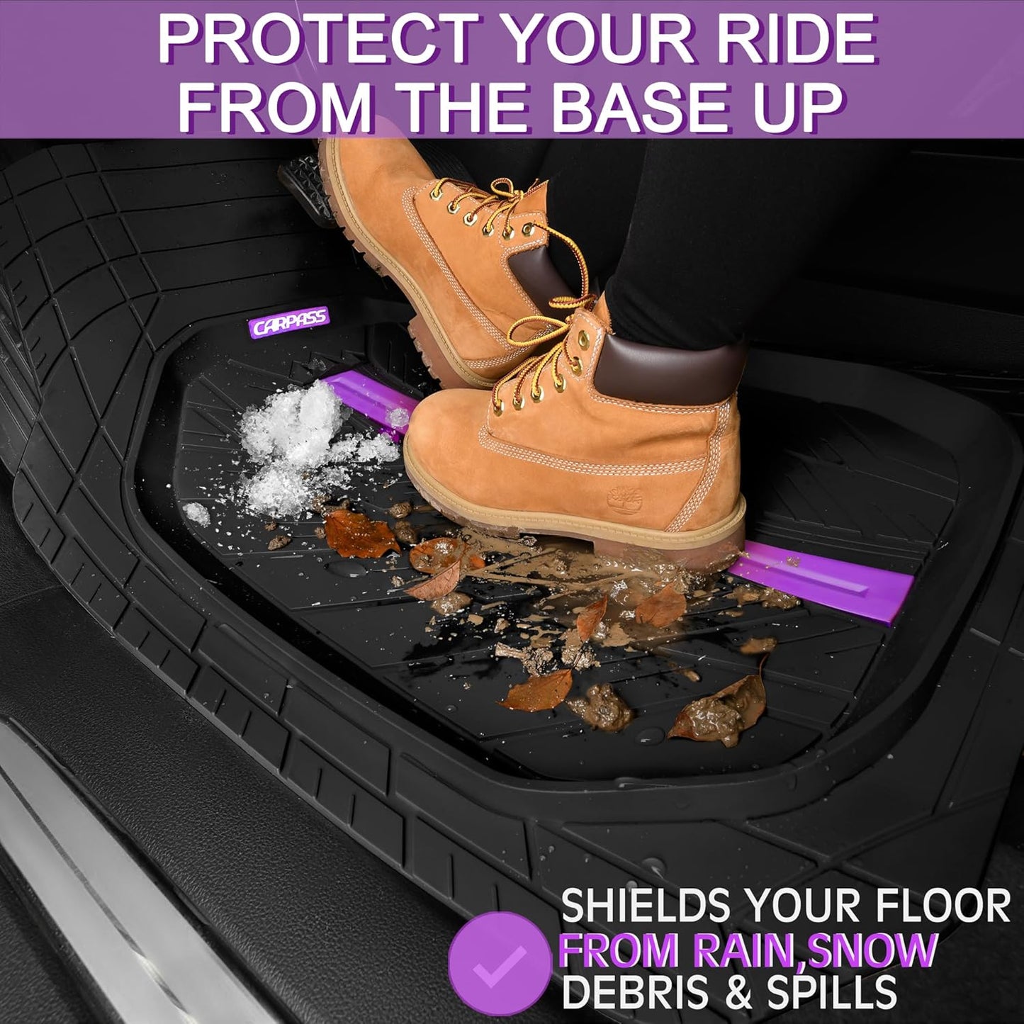 CAR PASS Tire Tread DeepDish Rubber Floor Mats for car Heavy Duty car mats All Weather, Universal XL~M Trim to Fit for Truck SUV Vehicle Automotive, Waterproof car mats 3 Piece (Purple Black)