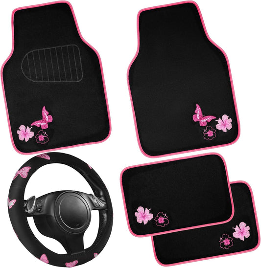CAR PASS Embroidery Butterfly Steering Wheel Cover and Waterproof Car Floor Mats,Pink Car Mats 14.5-15inch Steering Wheel Covers Universal Fit for Cars, Suvs,Sedans,Van,for Women Girl(Black and Pink)