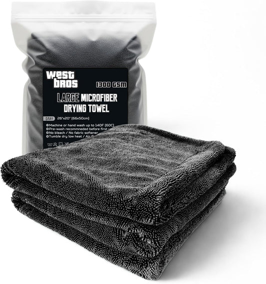 Large Car Drying Towel, 1300 GSM Professional Car Towel with Double Twisted Loop,Super Absorbent Large Microfiber Drying Towels for Cars, Trucks, SUVs - 20"x26", Gray