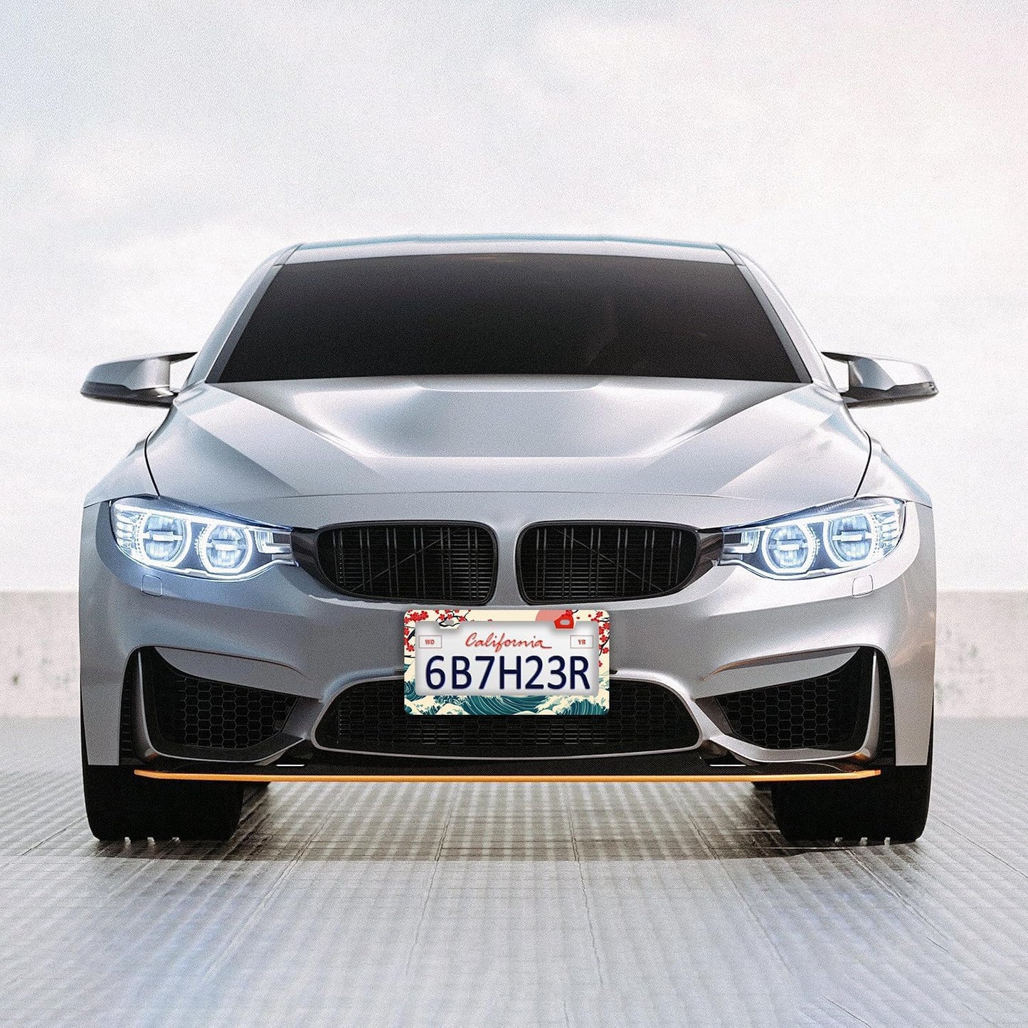 Waves Cherry Blossom License Plate Frames - 2 Pcs Set 2 Holes Stainless Steel Metal Auto Car Accessories Decoration License Plate Frame Cover Size 6.3" x 12.2" Fit US Vehicles for Women Men Gift