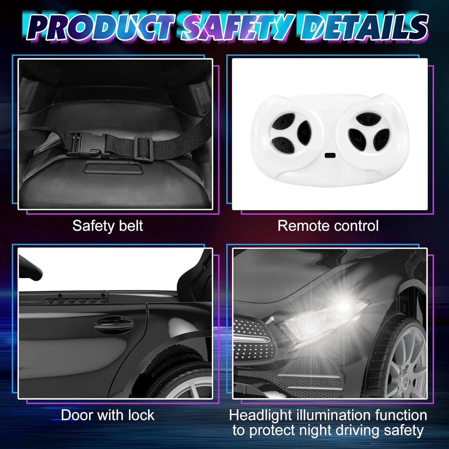 12V Kids Ride On Car with 2.4G Remote Control,Battery Powered Electric Car Ride On Vehicle Double Doors, 5 Point Safety Belt,LED Light (SC-Black)