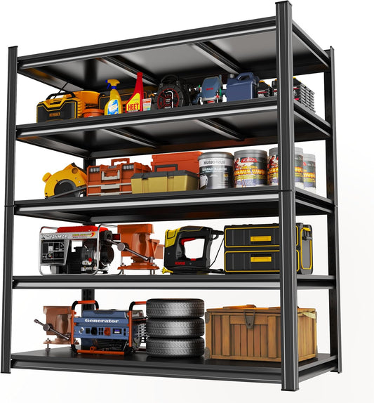 Garage Shelving, Storage Shelves Heavy Duty, 5-Tier Adjustable Black Shelving, 3000Lbs Utility Shelf for Garage/Basement/Kitchen, 72”H×48”W×24”D
