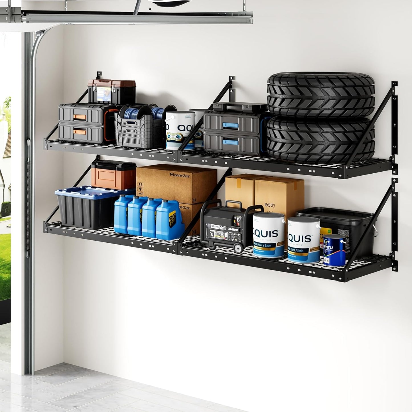 FLEXIMOUNTS 4-Pack 2x4ft Garage Wall Shelving - Heavy Duty Garage Storage System, 880 lbs Load Capacity with Brace Guardrail, Organization for Tools, Heavy Bins, Sports Equipment, Utility Room