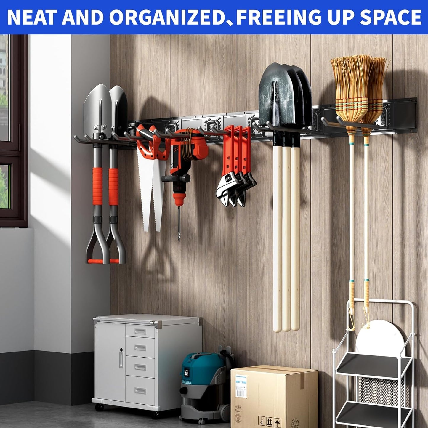 Garage Organization Tool Organizer Wall Mount, 48inch Heavy Duty Garden Tool organizer Storage System, Easy Install With 9 Adjustable Hooks, For Garage, Basement, Shed, Workshop(Black)