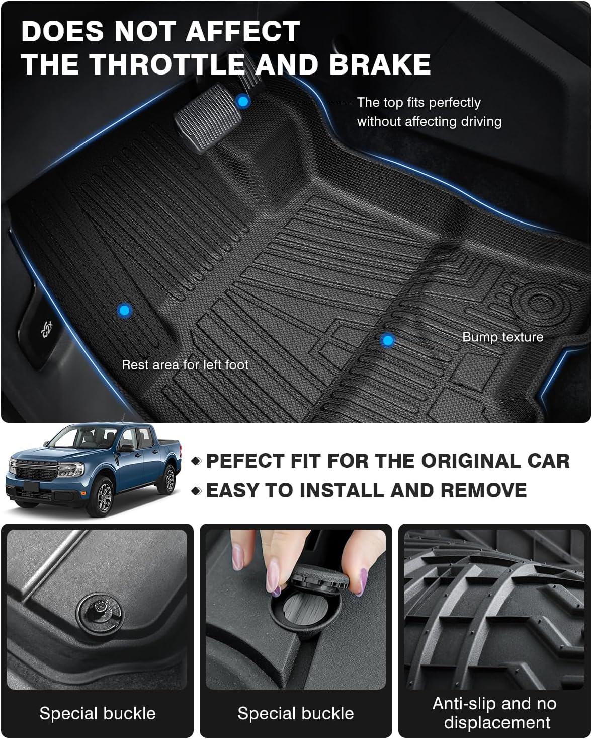 Powerty Floor Mats & Truck Bed Mat for 2022-2024 2025 Ford Maverick Gas Model Accessories Floor Mats 2 Row Liner Set All Weather TPE 3D Floor Liners&Truck Bed Liner