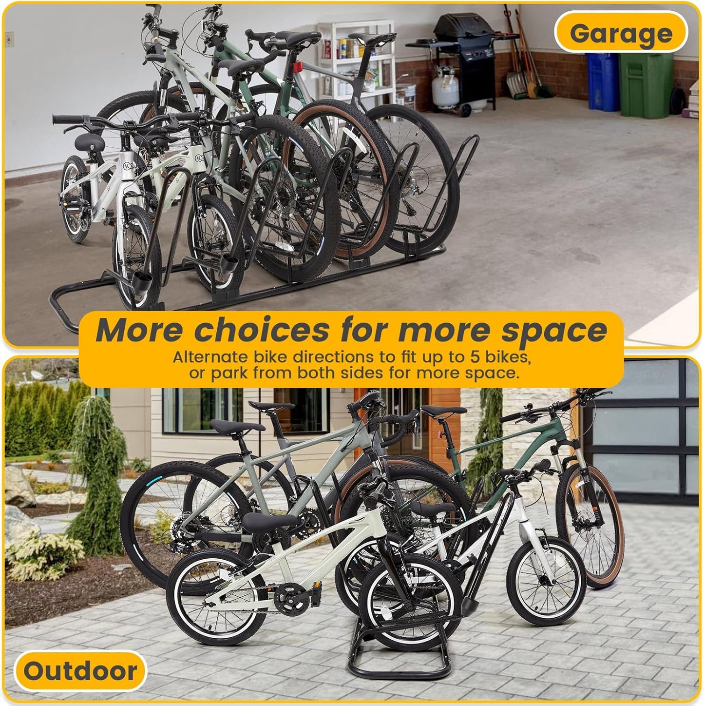 Floor Bike Rack for 5 Bikes, Safeguard Disc Brakes & Derailleurs Design, Waterproof Bicycle Stand Indoor/Outdoor/Garage Use, Fits 12"-29" Tires, Upgraded 0.63" Steel Tubes for Stability