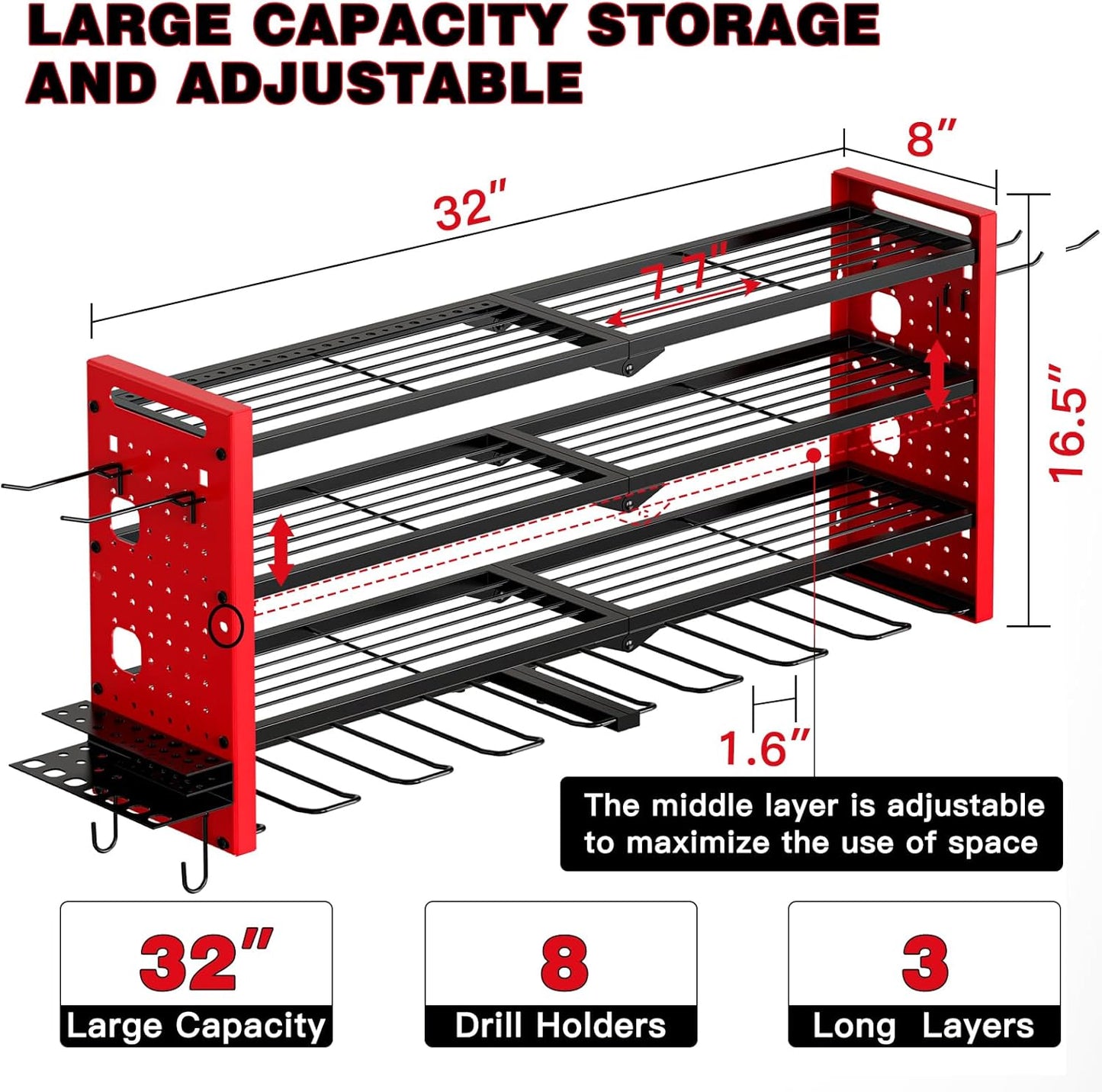 Power Tool Organizer Wall Mount,Cordless Drill Organizer,4 Layers Large Capacity Tool Rack with 8 Drill Holders (RED)