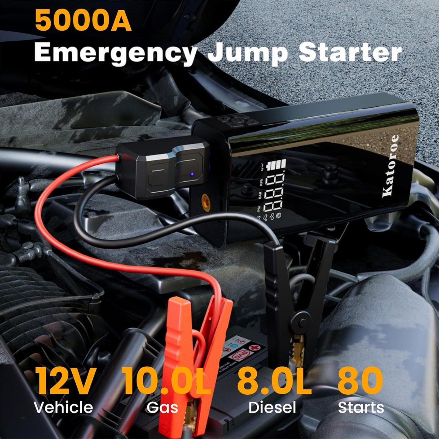 Jump Starter with Air Compressor, 5000A Portable Car Battery Jump Starter (9.0L Gas/7.0L Diesel), 150PSI Tire Inflator 12V Battery Jumper Starter Portable with Jumper Cables, LED Light (Q7-5000A)