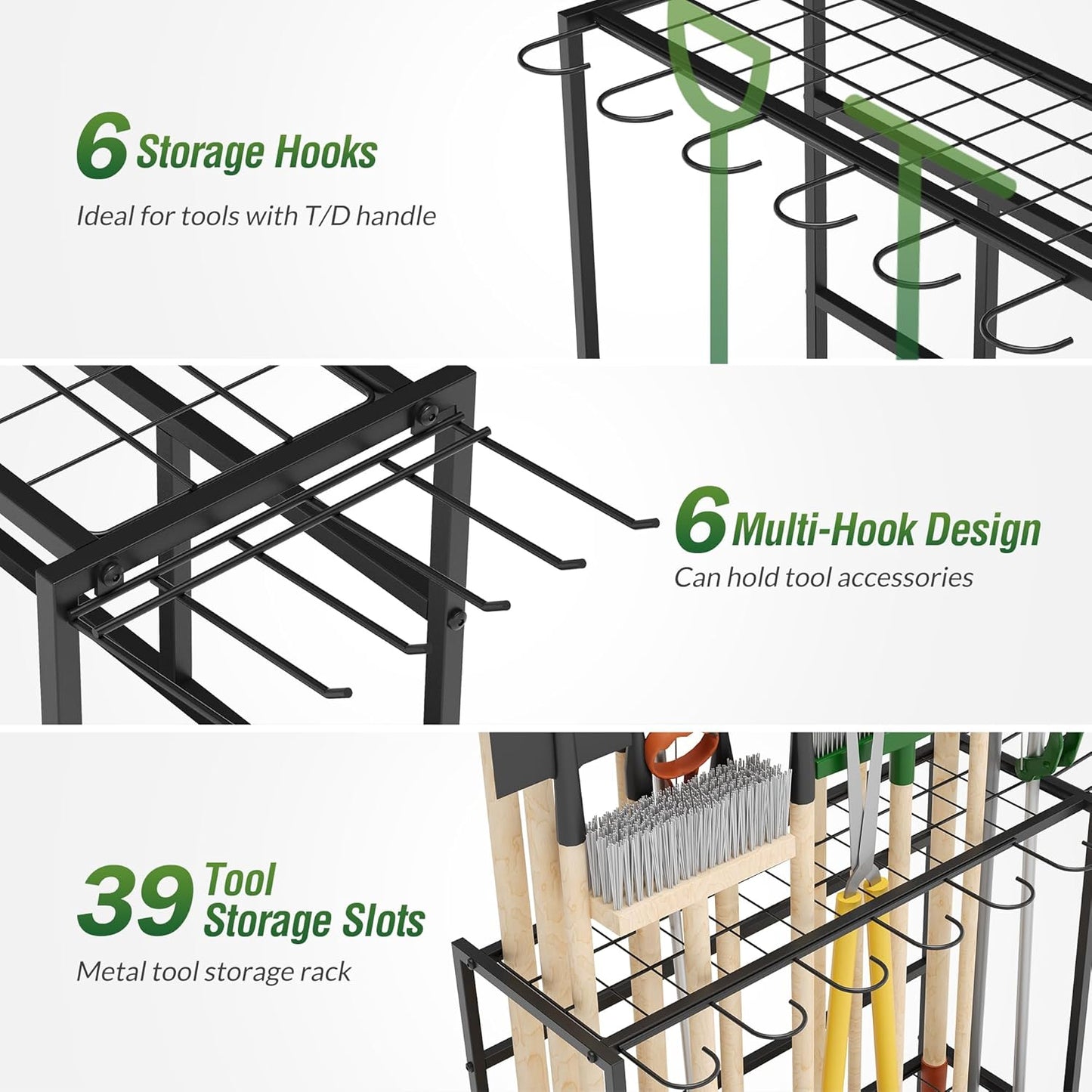Garden Tool Organizer Rack with Wheels Up to 39 Tools, Heavy-Duty Steel Yard Tool Organizer for Garage Storage with 12 Hooks, Broom Holder & Garden Tool Rack for Shed, Patio, Outdoor Use, Black