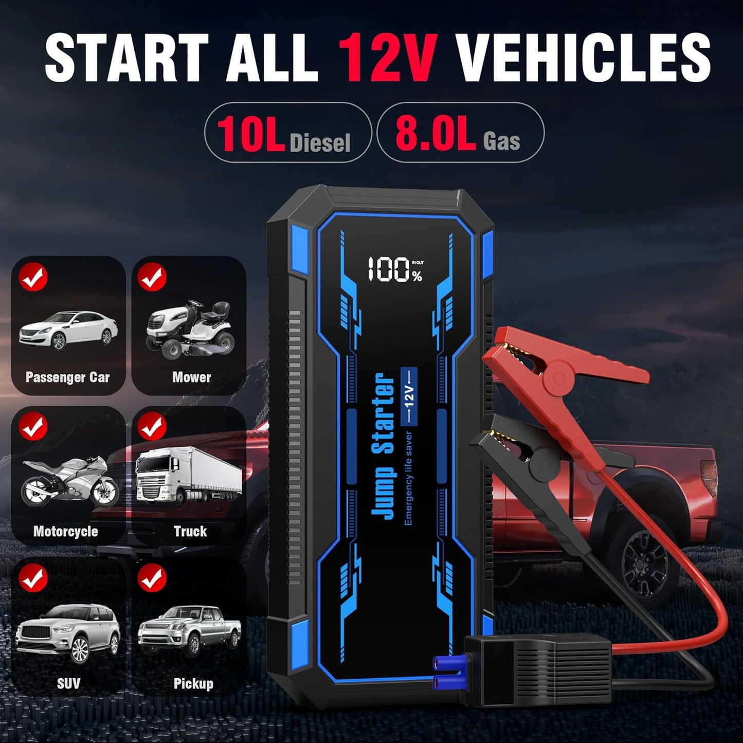 Car Jump Starter 6000A Car Battery Jump Starter Portable,12V Battery Jumper Starter Portable(10.0L Gas/8.0L Diesel),LCD Display Jump Box Jump Starter Battery Pack with Jumper Cable & Flashlight-Blue